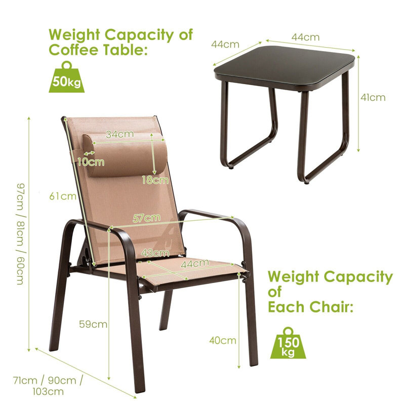 3-Piece Patio Bistro Furniture Set Outdoor Coffee Table Stackable Chairs Set