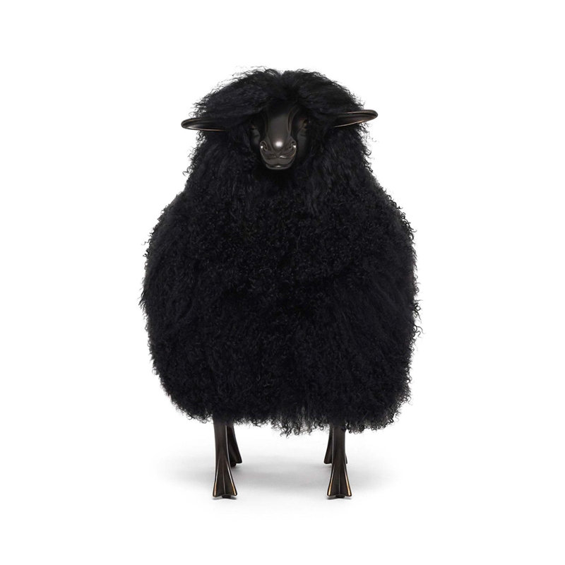 Theo Black Sheepskin and Bronze Baby Sheep Sculpture