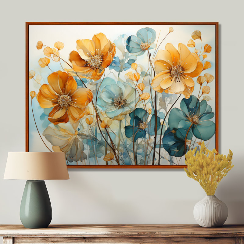 «Teal Orange Botanical Fragments I - Abstract Botanicals», art encadré, H 24 po x l 32 po x P 1 po, Cadre flottant brun