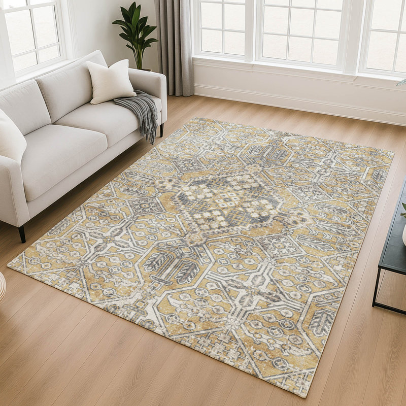 Premium Machine Washable Mayfield AMF2197 global Rug, Gold, 8' x 10'