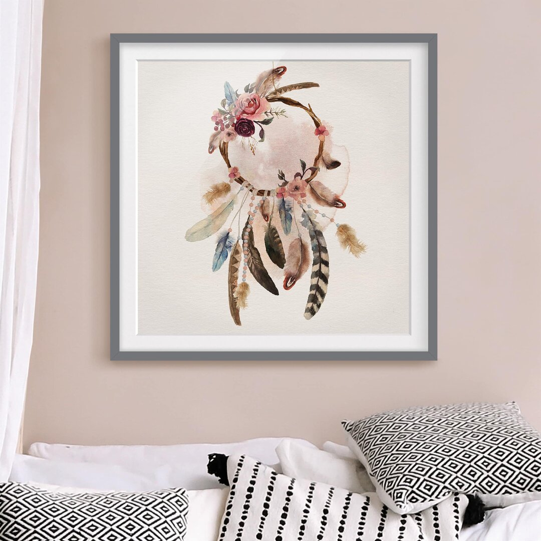 Gerahmtes Poster Dream Catcher mit Rosen und Federn