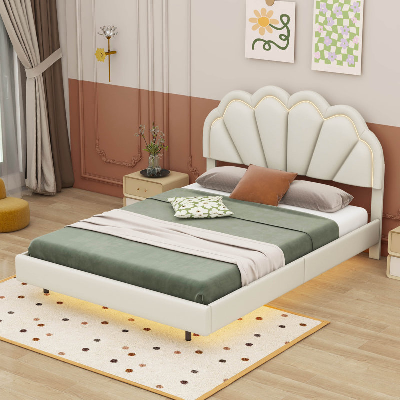 Lit plateforme tapissier à profil bas, Double, Beige