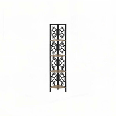 Bookshelf, Bookcase, Etagere, Corner, 4 Tier, 62"h, Office, Bedroom, Brown Laminate, Black Metal, Transitional
