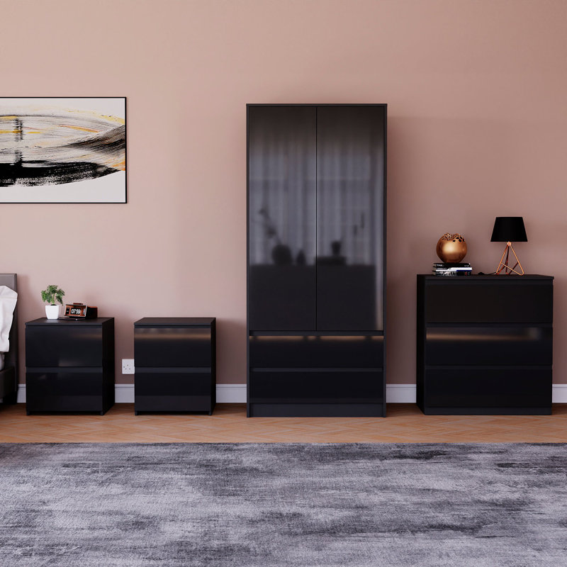 Taniesha 4 Piece Bedroom Set (2 Drawer Bedside Chest X2, 3 Drawer Chest, 2 Door 2 Drawer Wardrobe), (100% FSC), Black