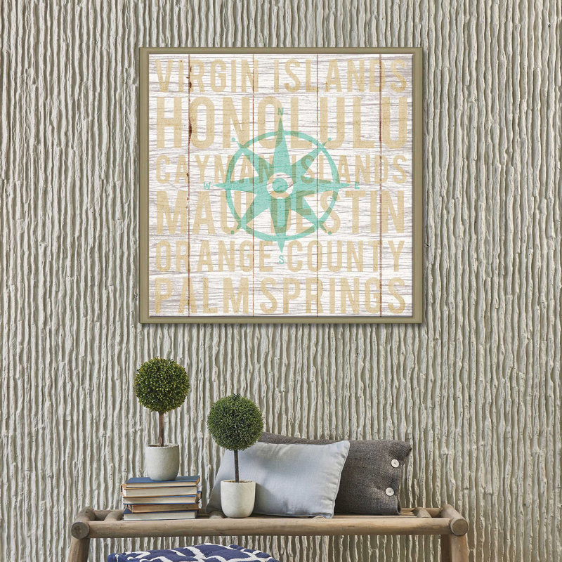 «Bon Voyage Compass», art textuel, H 21,5 po x l 21,5 po x P 2 po, Cadre flottant champagne