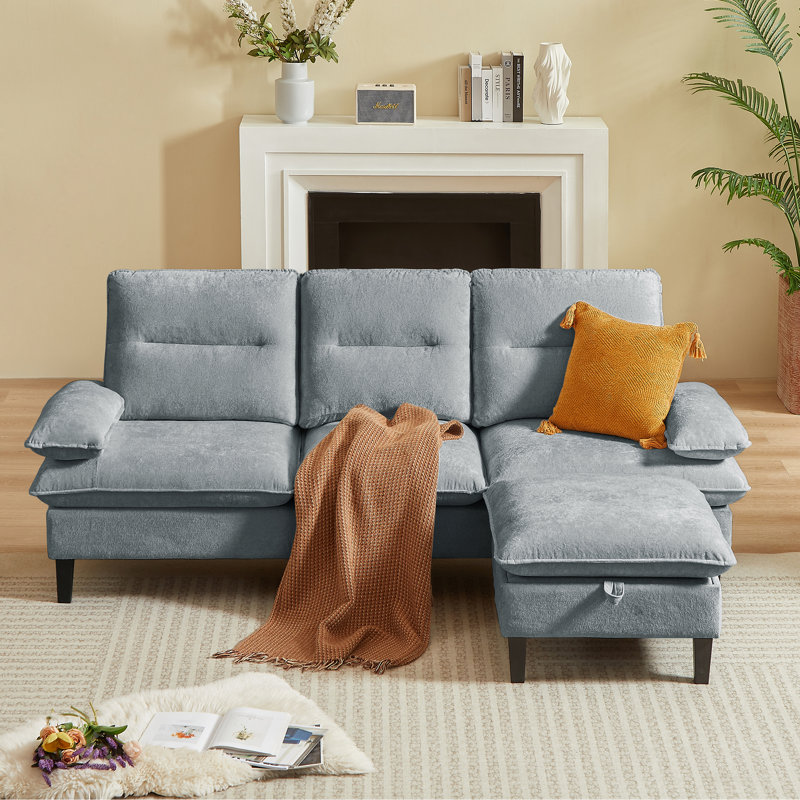 86.22" Chenille Sectional Sofa With Ottoman, Light Gray