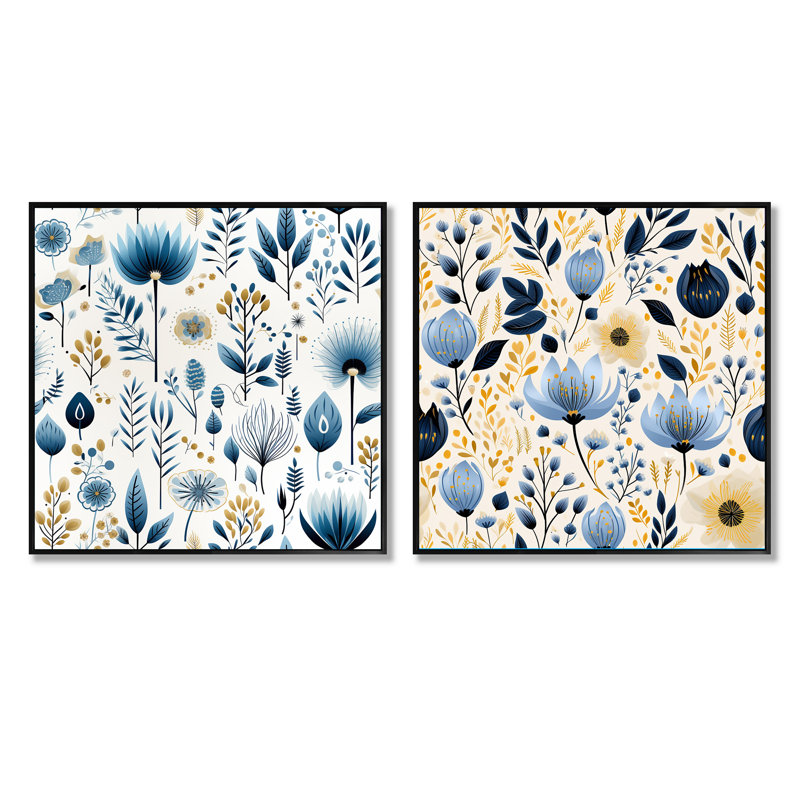 Ensemble de 2 collages carrés botaniques à motif floral minimaliste bleu minimaliste, Cadre flottant noir, H 16 po x l 33 po