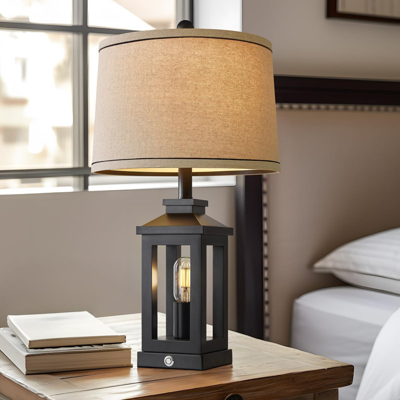 23.75" Black Metal Table Lamp Set with Beige Shade and USB Ports