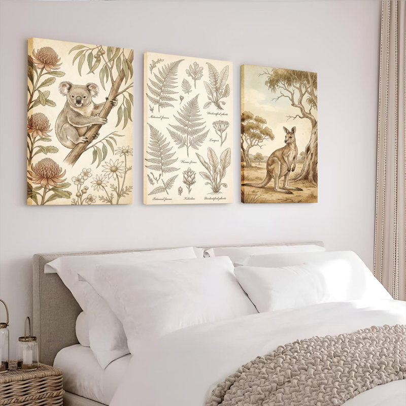 Ensemble de 3 tableaux sur toile représentant un koala, un kangourou et la flore australienne, 18" H x 36" W