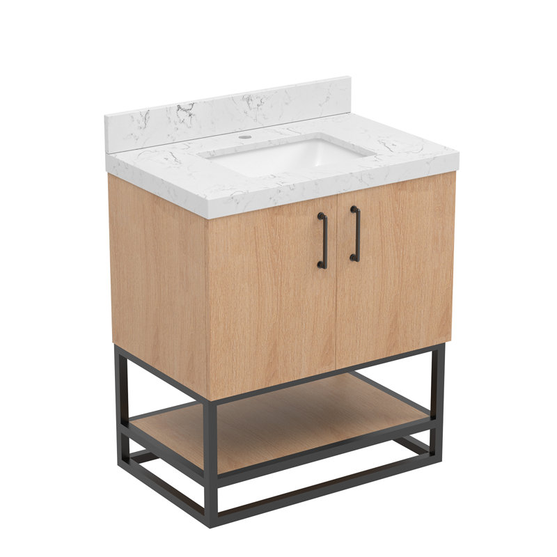 Meuble-lavabo moderne de 30 po avec plateau en pierre reconstituée blanche, armoire au fini chêne doré et base de rangement noir mat