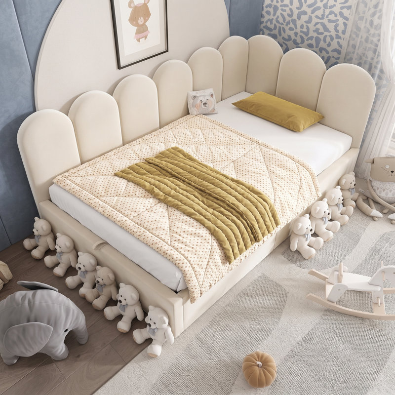Upholstered Single (3') Velvet Flip Top Storage Scalloped Bed, Beige