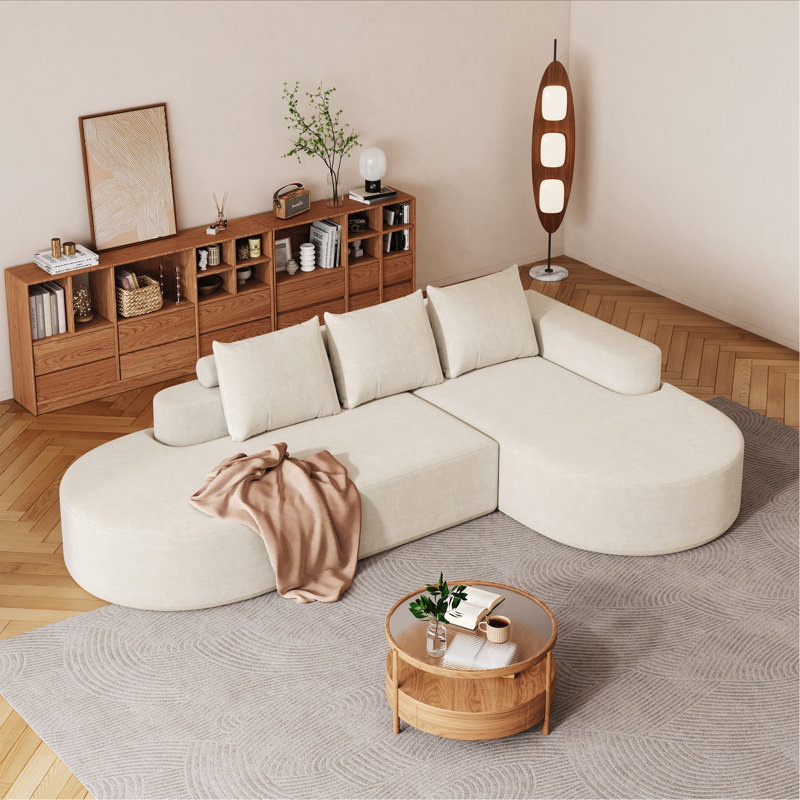 Modern Curved Sofa, Beige Chenille