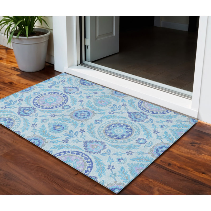 3' X 5' Sky Blue And Lavender Floral Washable Indoor Outdoor Area Rug