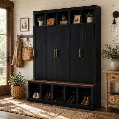 Lattimore Entryway Organizer Cabinet with Hat Cubbies Hanging Storage and Shoe Racks