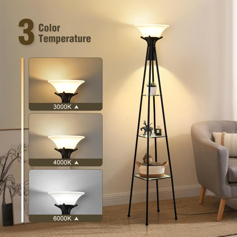 69" Black Industrial Floor Lamp with White Plastic Shade and Glass Shelves