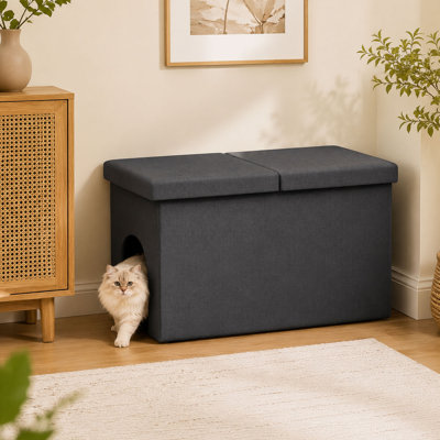 Enceinte de litière pour chat, meuble de litière caché avec couvercle rabattable et banc de rangement