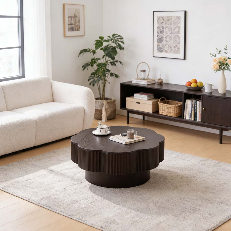 Modern Flower Shaped Coffee Table with Storage, Dark Brown