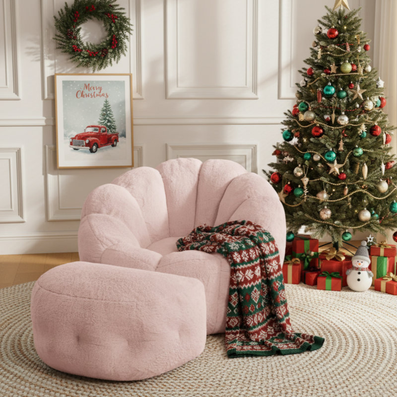 Wilder 46" Faux Rabbit Fur Bean Bag Chair & Ottoman - Luxurious Cozy Seating, Pink Faux Fur