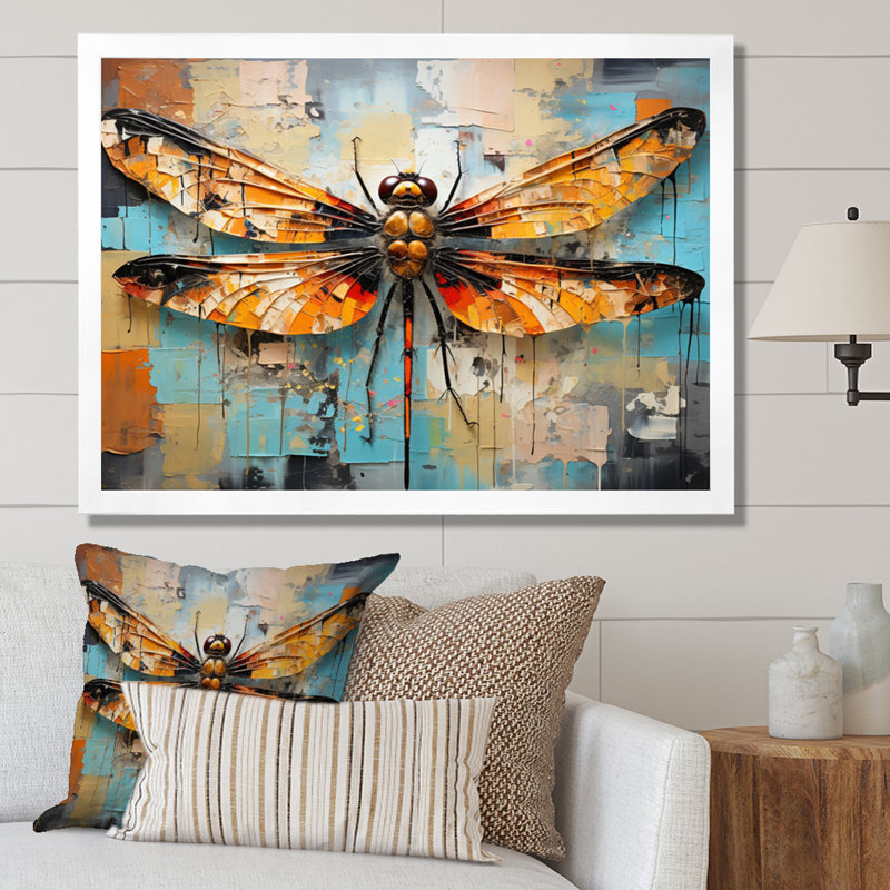 «Orange Dragonfly Insectes Flight Collage I», reproduction sur toile, H 12 po x l 20 po x P 1 po, Cadre photo blanc