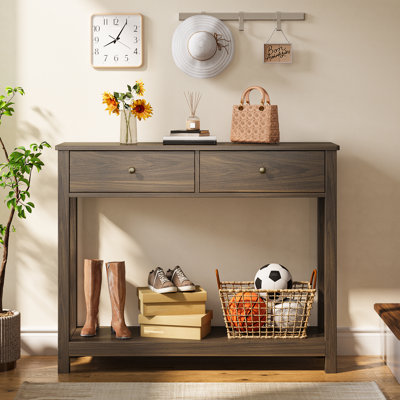  39.4" W Engineered Wood 2-Drawer Farmhouse Console Table with Storage Shelf