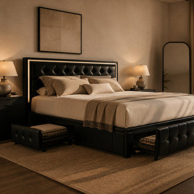 Led Bed Frame With 4 Storage Drawers, Smart Control RGB LED Lights On  Headboard,With Remote Control, Upholstered Adjustable Headbaord