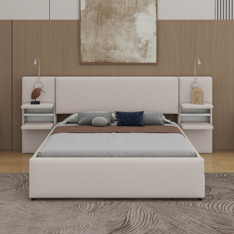 Grand lit plateforme tapissier avec lumières de lecture, lit gigogne et tablettes, Beige