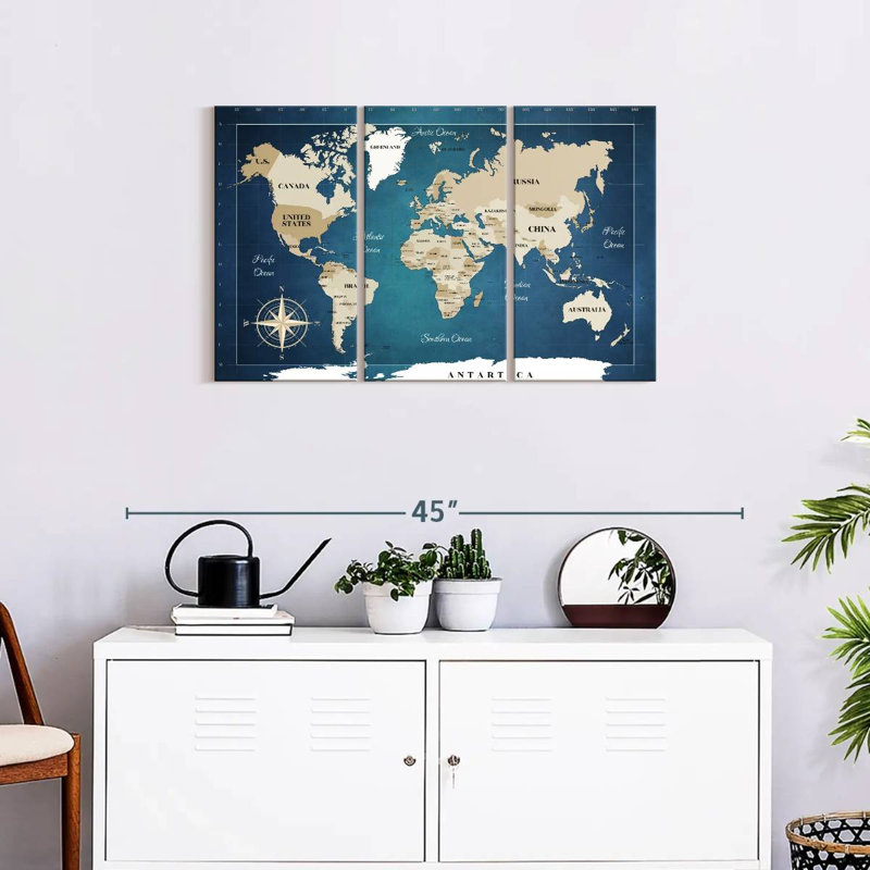 Carte du monde cobalt 3 pièces, H 20 po x l 33 po x P 1,25 po