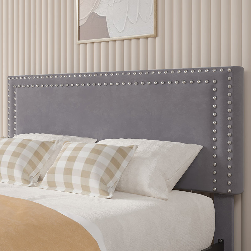 Full Size Bed with Storage Drawers Upholstered Platform Bed Adjustable with Nailhead Trim Headboard Wooden Slats Support Bed Frame