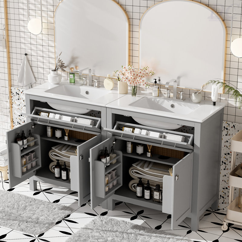 Ensemble de meuble-lavabo moderne 60 po avec lavabos doubles (séparés), lavabos doubles en céramique, tablette réglable, portes à fermeture en douceur et tiroir rabattable - Solution de salle de bain moderne pour salles de bain spacieuses