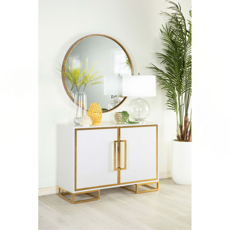 White Freestanding 2-door Cabinet With Gold Trim And 3 - 4 Storage Compartments Art Accent 2 Doors, Trim, Adjustable Shelves