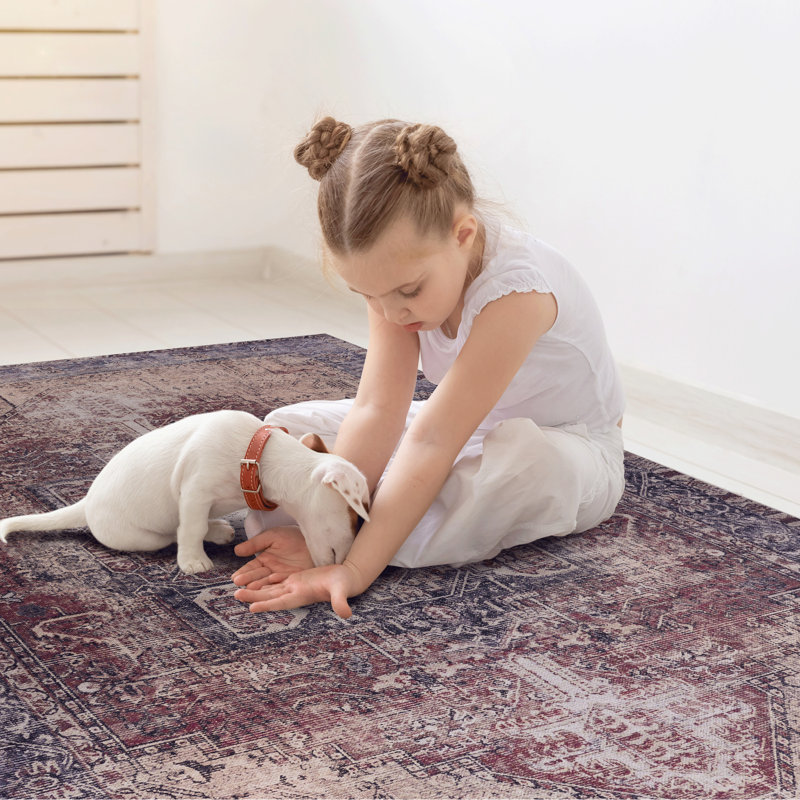 4X6 Area Rug, Machine Washable, Non-Slip, Low-Pile, Stain , For Living Room, Bedroom, Kitchen, - & Pet Burgundy Rug 4X6, Non-Shedding, Soft, Hallway