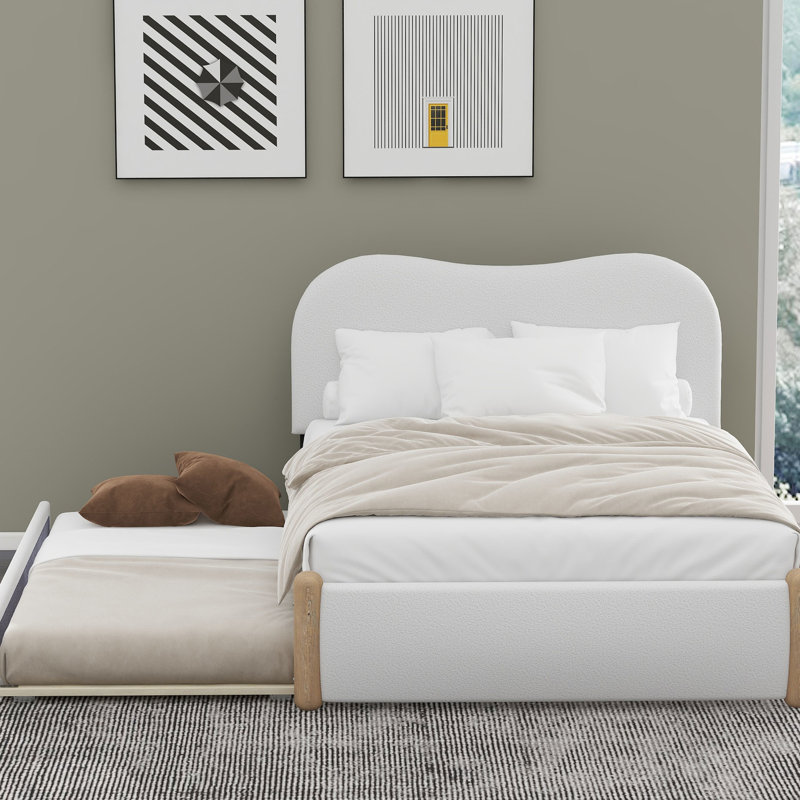 Lit simple tapissier simple avec tête de lit et lit gigogne, blanc - lit gigogne en molleton doux et confortable, Lit simple