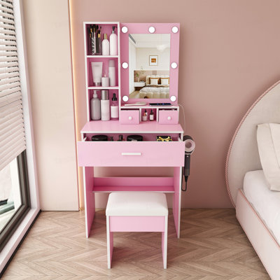 Table de coiffeuse avec miroir et lumières DEL réglables, prise de courant, support pour séchoir à cheveux et tabouret - coiffeuse compacte pour petites chambres