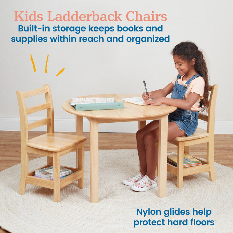 Natural Rubberwood Ladderback Kids Chairs with Storage, 2-Pack