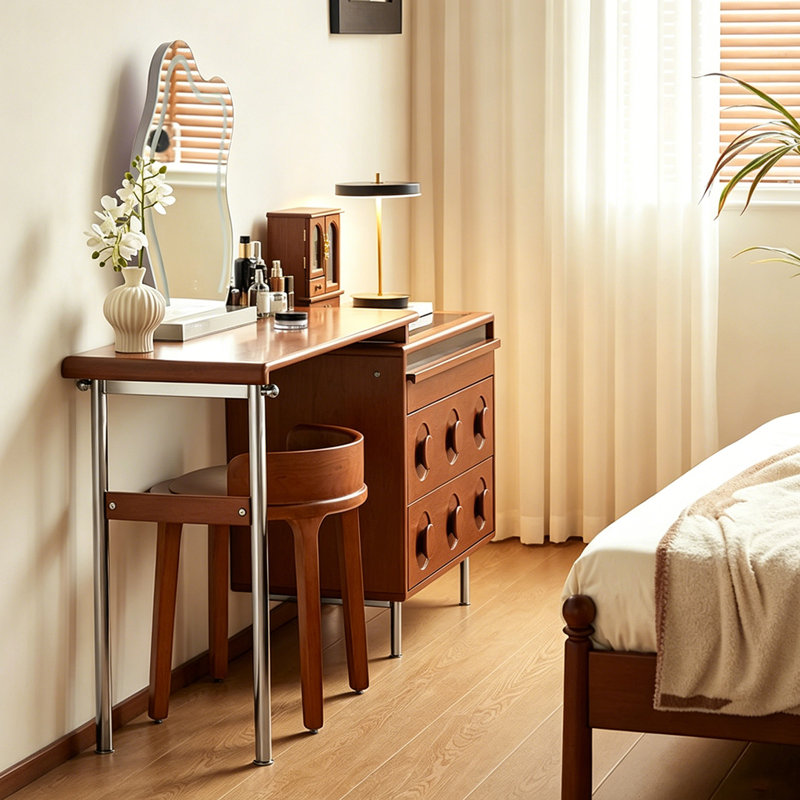 Coiffeuse modulaire en bois d'hévéa de style milieu du siècle (100 cm) – Commode indépendante séparable, tiroirs à compartiments multiples, pieds réglables en acier inoxydable, glissières silencieuses, meuble de rangement et coiffeuse multifonctionnel pour chambre à coucher