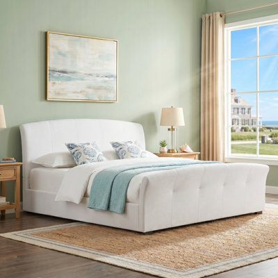 Classic Upholstered Sleigh Bed with Side Lift-Up Storage, King, White Linen