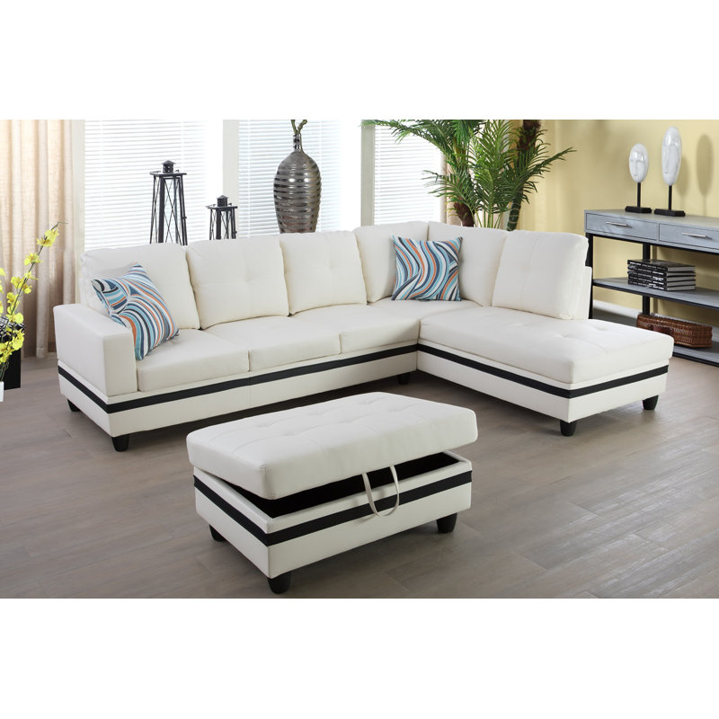 Brevard Faux Leather L-Shaped Sectional, Right Hand Facing, White with 1 Black Stripe