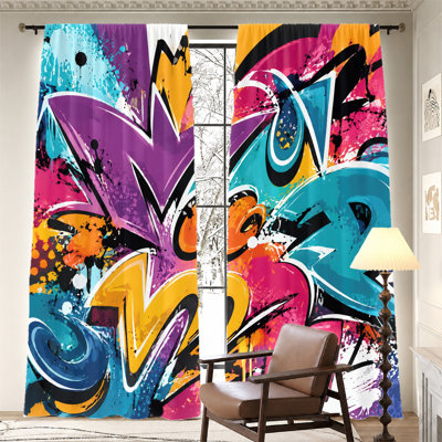 2Pcs Graffiti Art Curtains, Light Filtering Fabric, Vibrant Spray Paint Design, Sunshade and Privacy Protection, Rod-Pocket for Living Room, Bedroom, Balcony, Kitchen Home Decor