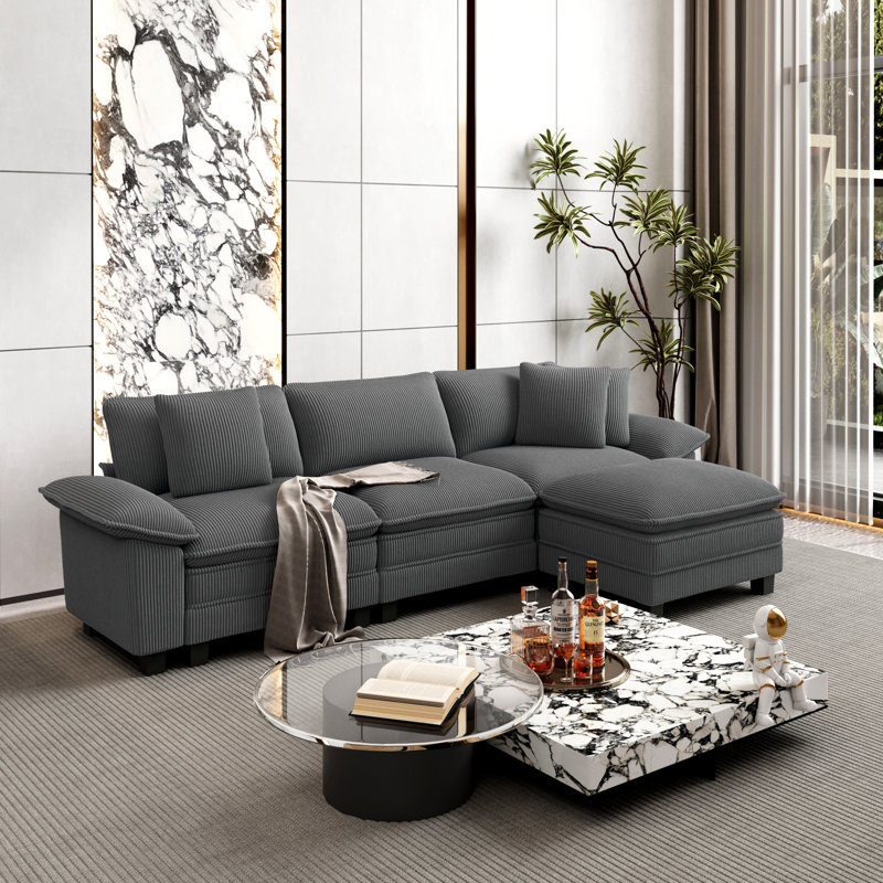 Sofa & Chaise, Light Grey Corduroy, 4
