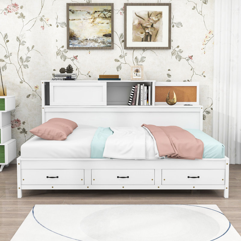 Kisor Wood Platform Bed with USB charging ports and outlets and Drawers, White, Full