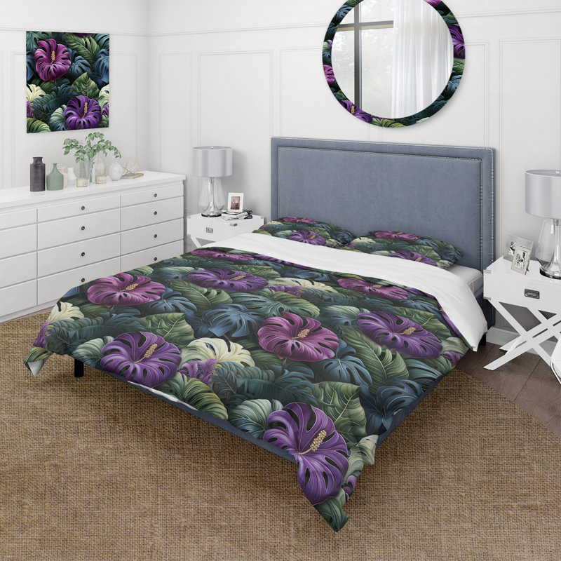 Literie Monstera Enchantment Tropical, Housse de couette pour grand lit et 2 taies décor