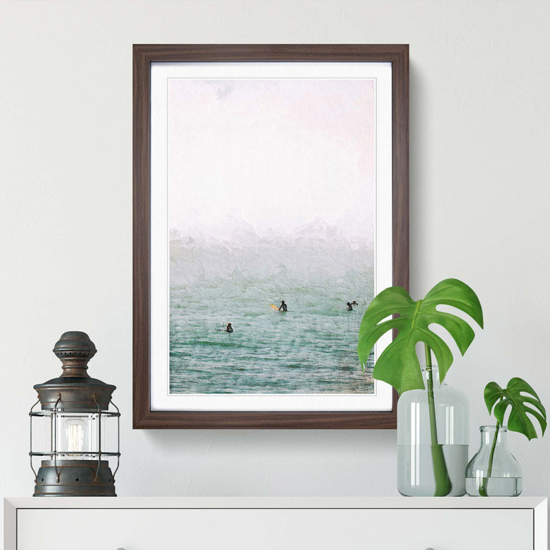 Surfers Waiting to Surf - Picture Frame Painting Print on MDF, 48cm H x 36cm W x 2cm D, Walnut Framed