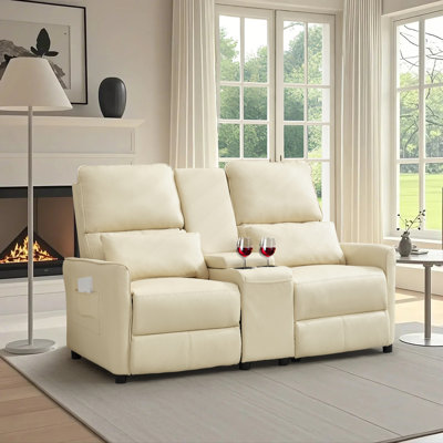 Manual Push Back Reclining Loveseat Sofa With Center Console & Cup Holders for Living Room