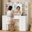 Coiffeuse avec miroir lumineux et station de recharge, bureau de maquillage avec 11 tiroirs et 4 étagères ouvertes pour chambre, blanc