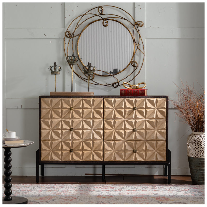 48.21" Mid-Century Modern 6-Drawer Sideboard - Solid Wood & MDF 3D Geometric Diamond Dresser, Buffet Console Table with Black Metal Legs for Living Room/Dining Room