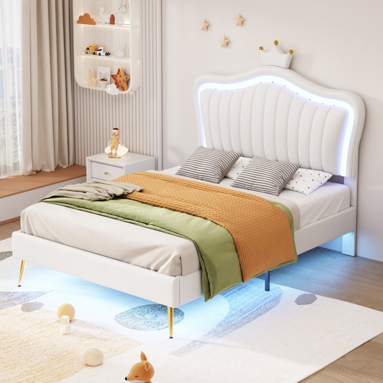 Eleni Modern PU Princess Bed  with LED Lights and Crown Headboard