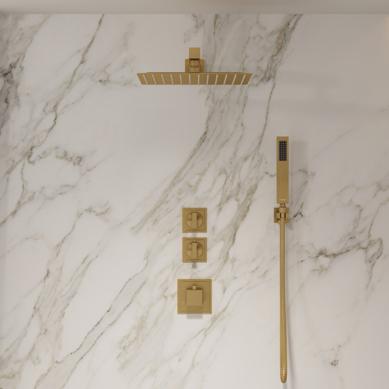 Rugen Thermostatic Shower System, Large 12" Rain Shower Head with Handheld, Brushed Gold Shower Faucet Set with Valve, High Pressure Rainfall Showerhead