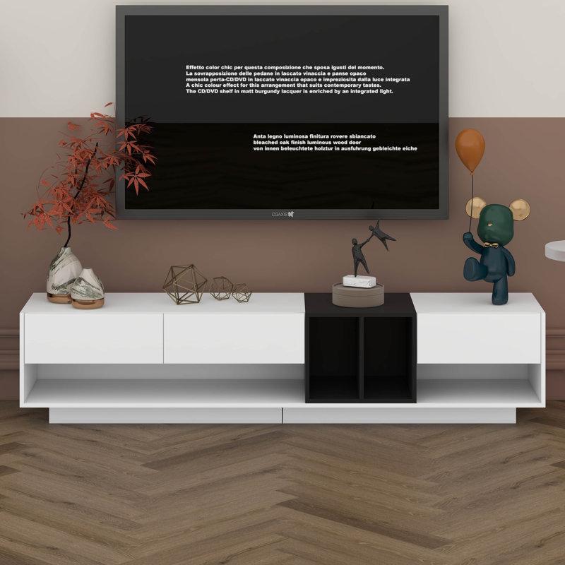 Meuble télé pour téléviseur de 80 po ou moins, console multimédia à deux tons, armoire fonctionnelle avec compartiment polyvalent pour le salon