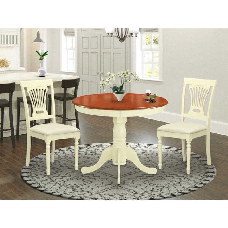 3 Piece Dining Table Set for Small Spaces Contains a Round Kitchen Table with Pedestal and 2 Linen Fabric Kitchen Dining Chairs, 36x36 Inch, Buttermilk & Cherry