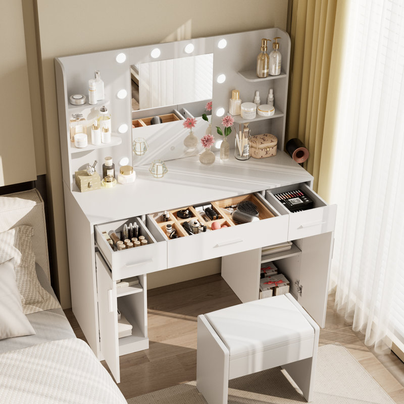 Lumina Makeup Vanity with Power Outlet And 3 Modes Adjustable Lights,Makeup Table with 3 Drawers,2 Cabinets